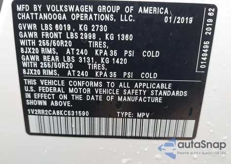 2019 Volkswagen Atlas 3.6L V6 Sel R-Line z USA, uszkodzony, nr VIN 1V2RR2CA8KC531590